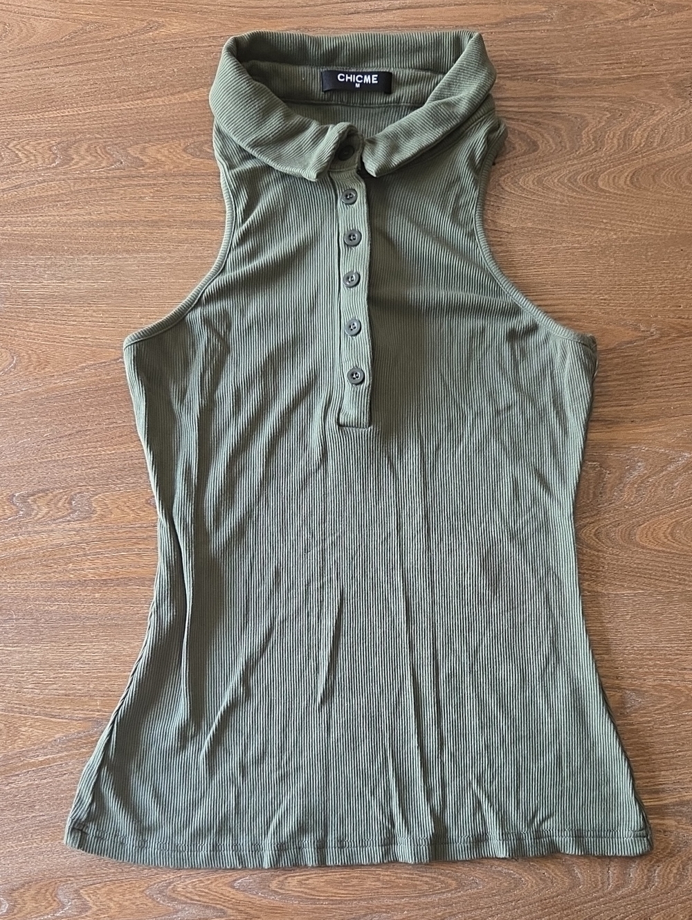 chicme Olive Ribbed Sleeveless Polo Tank with Button Placket